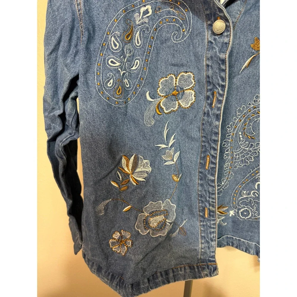 Vnitage White Stag Womens XL Embroidered‎ Denim Jacket Stone Floral Paisley Blue